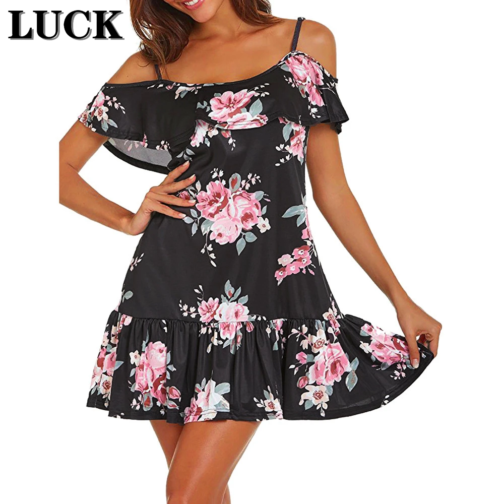 LUCK женское сексуальное платье с открытыми плечами цветочным принтом мини на