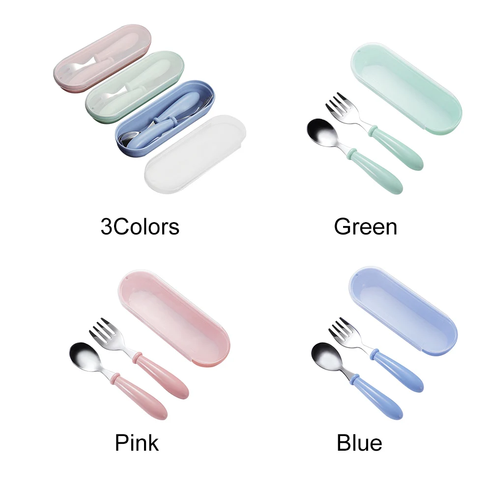 

Easy Clean With Storage Case Non-Slip Portable Gift Stainless Steel Round Handle Fork Spoon Cute Toddler Utensils Feeding