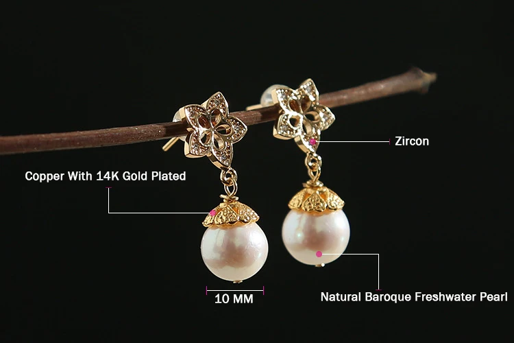 

Green Purple Drop Earrings Flowers Zircon Inlaid 10mm Round Natural Pearl Woman Wedding Earrings Handmade Fashion Jewelry
