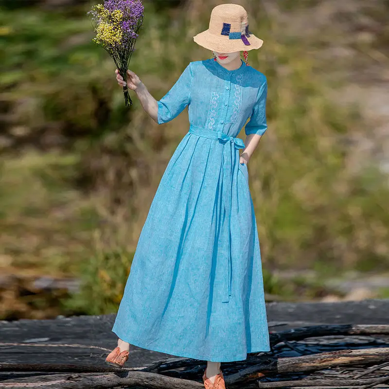 

Half Sleeve O Neck Maxi Long Dress Women Spring Summer Sundress Female Vintage Embroidery Cotton Linen Dresses Vestido Robe