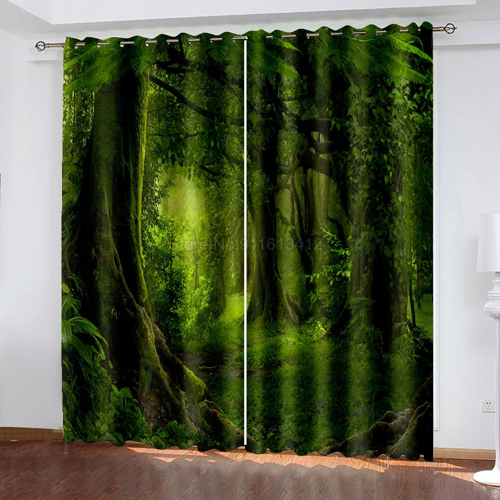 Светонепроницаемые шторы с принтом зеленого леса для спальни, оконные шторы для гостиной, затеняющие 3D шторы 85%, высота 214 см, ширина 180 см