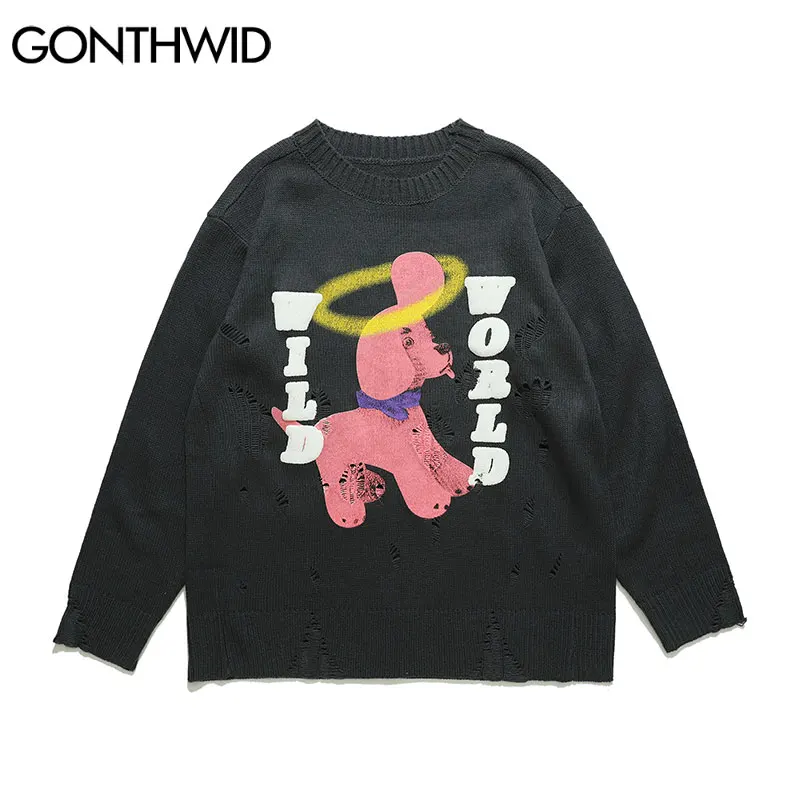 Купить Свитер GONTHWID в стиле Харадзюку, уличная одежда, с мультяшным принтом собаки, потертый вязаный джемпер с дырками, повседневная трикотажная од...