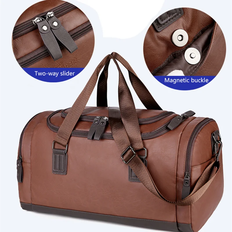 구매 PU 가죽 더플 백 야외 여행 가방 여러 구획 남자 주말 휴대용 방수 탑승 체육관 휘트니스 핸드백 저렴한 PU 가죽 더플 백 야외 여행 가방 여러 구획 남자 주말 휴대용 방수 탑승 체육관 휘트니스 핸드백