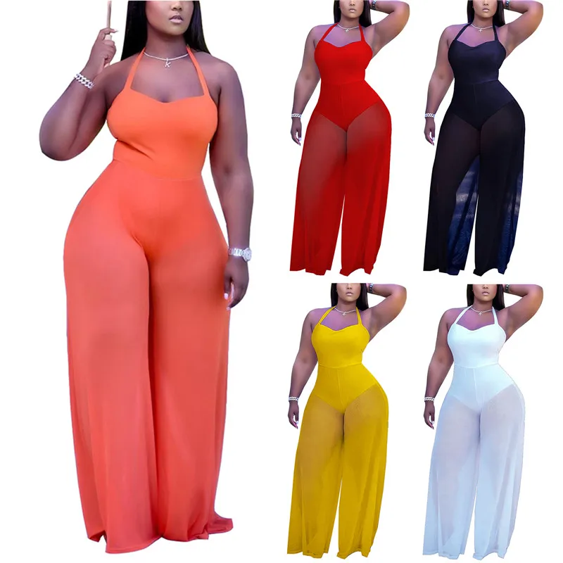 

Женский комбинезон с лямкой на шее, однотонный повседневный комбинезон большого размера без рукавов, с открытой спиной, сетчатые широкие дл...