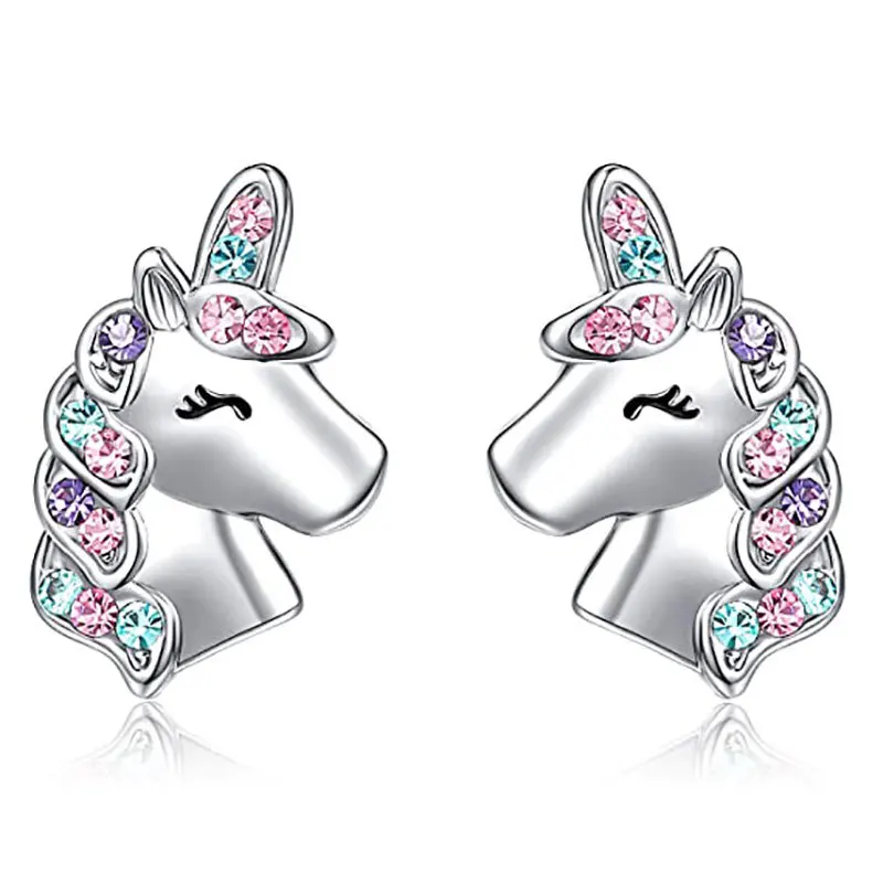 

2021 New Fashion Unicorn Cat Butterfly Rainbow Stud Earrings Women Gilrs Colorful Zircon Ear Stud Jewelry Children Accessories
