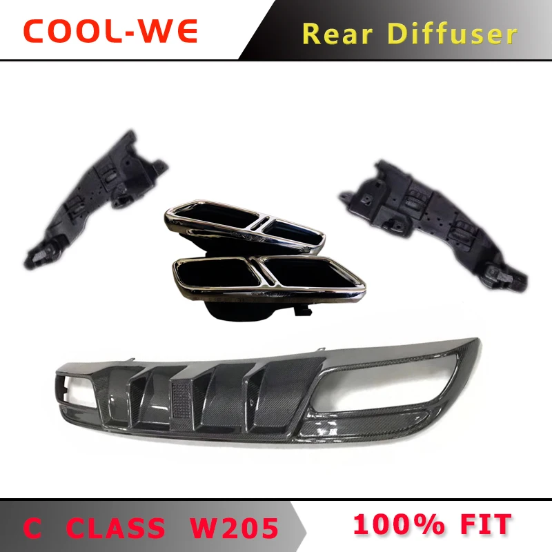 Carbon Fiber Для Mercedes Benz W205 C Класс задний бампер диффузор с выхлопом C200 C250 C300 C350 C400 C43 - Цвет: Carbon Fiber
