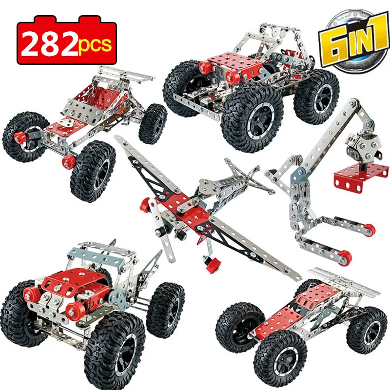 282PCS City Metal Building Blocks 6-in-1 Racing Technology Children's Educational DIY Building Blocks Gift Birthday