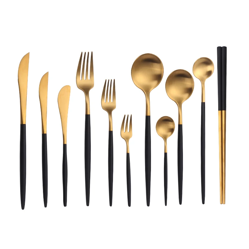 

Matte Black Gold Cutlery Set 5pcs Cutlery Stainless Steel Gold Fork Knife Spoon Flatware Set Friut Fork Teaspoon Dinnerware Set