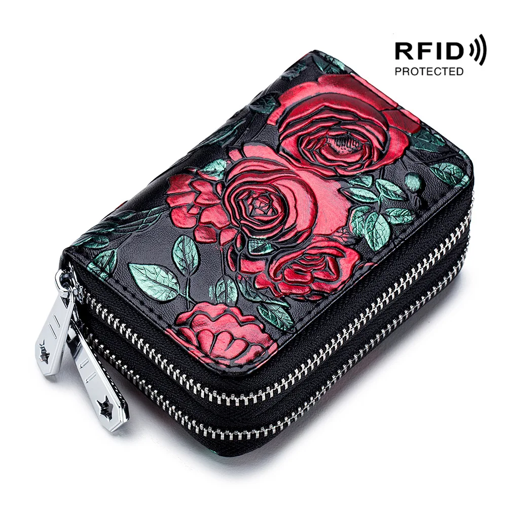 Rfid Business Card Holder Women Genuine Leather Card Wallet Ladies Coin Purse 3D Embossing Rose Clutch Double Zipper Cards Bag images - 6