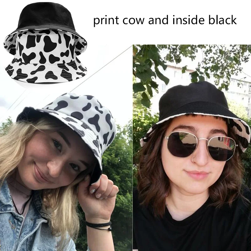 

2021 HOT Black White Cow Print Bucket Hats for Women Men Summer Fishman hats girls Travel sad boy Panama Sun hat