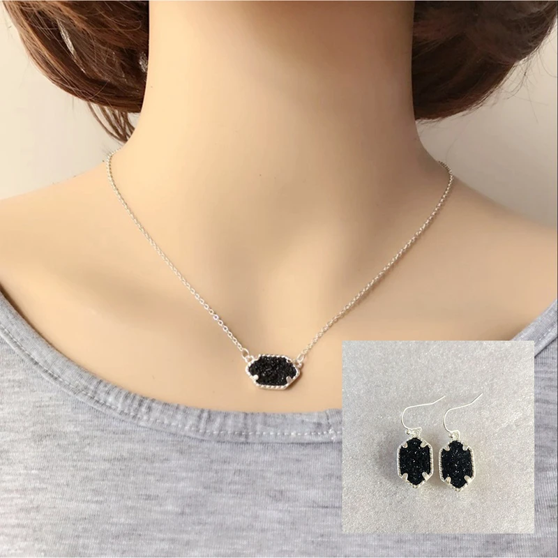 Маленький Druzy Drusy ожерелье серьги ювелирный набор с шестигранным воротником