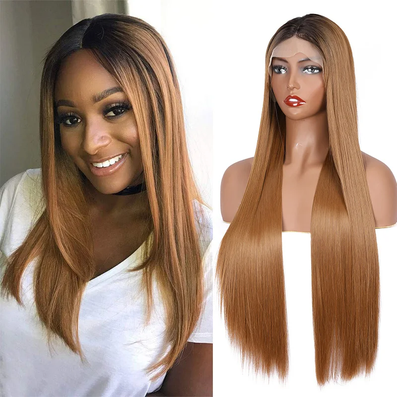 

Soft 180% Density 26 Inch Long Ombre Blonde Silky Straight Synthetic Lace Front Wig For Black Women Daily Cosplay Heat Resistant