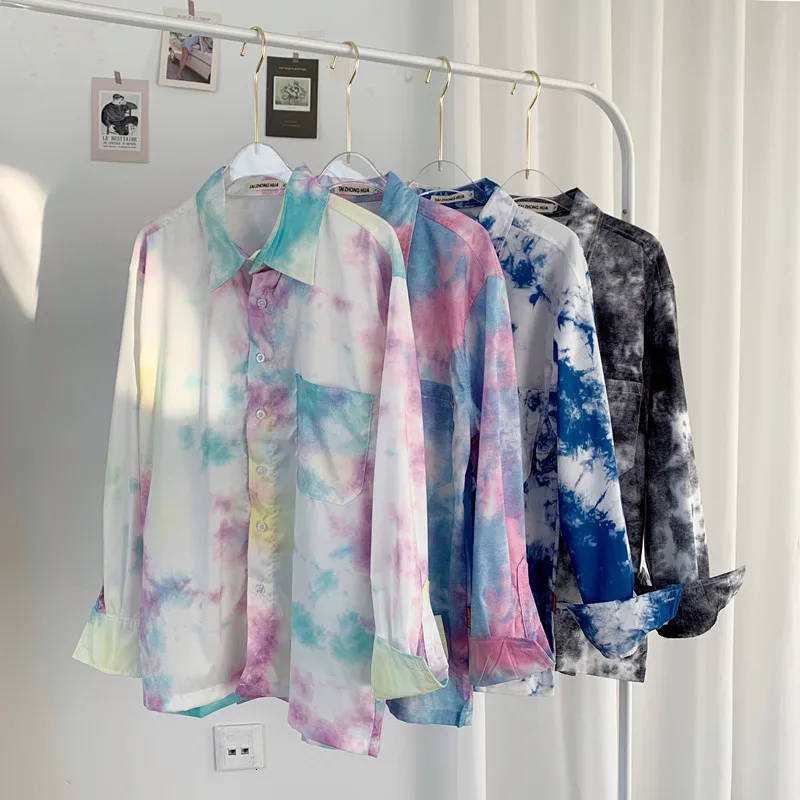 Camo рубашка Мужская модная повседневная рубашка с принтом Tie-dye Мужская Уличная Свободная рубашка с длинными рукавами Мужская s M-2XL