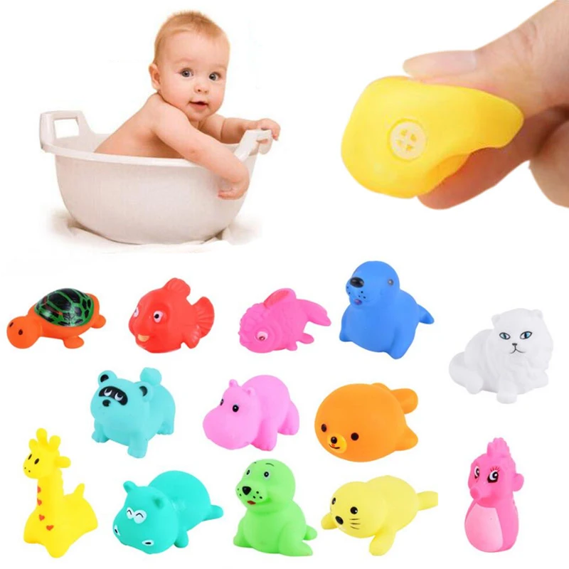 

13 Pcs Cute Animals Swimming Water Toys Colorful Soft Rubber Float Squeeze Sound Squeaky Bathing Toy For Baby Bath Toys GYH