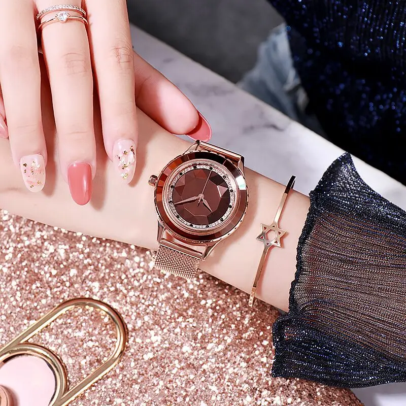 Часы наручные женские кварцевые из нержавеющей стали под розовое золото с