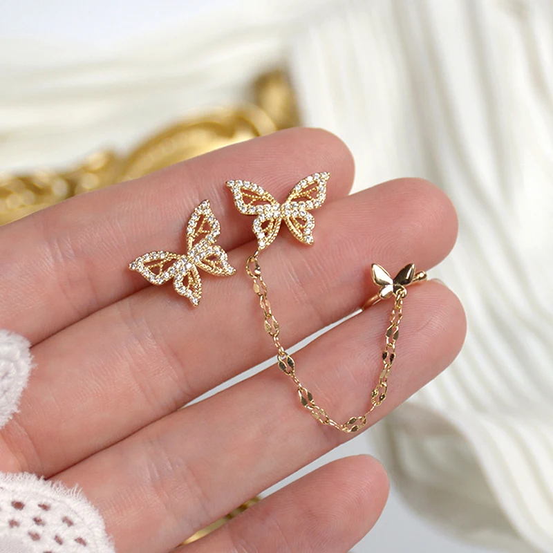 

2021 Trendy 14K Real Gold Plated Butterfly Ear Hook Earrings for Women Jewelry Shiny AAA Zircon S925 Silver Needle Stud Gift Hot