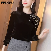 women velvet shirts spring autumn casual shirts lace embroidery sequined glitter plus size 5xl 4xl t shirt long sleeves clothes