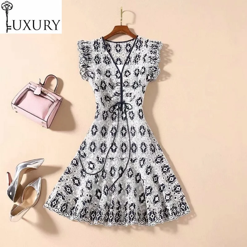 

Summer 2020 Hollow Out Style Women V-Neck Allover Luxurious Embroidery Slim Fitted A-Line Vintage Dress Vestido