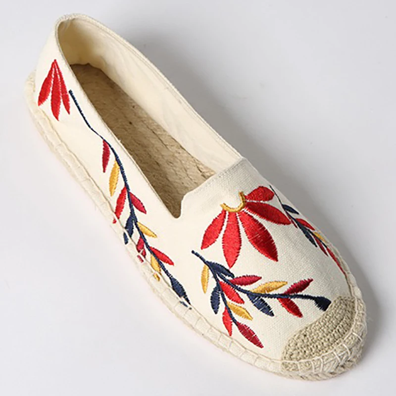Women Handmade Slip On Shoes Khaki Floral Embroid Loafers Linen  Espadrilles Comfortable Casual Exercise Zpatillas Mujer Sapatos