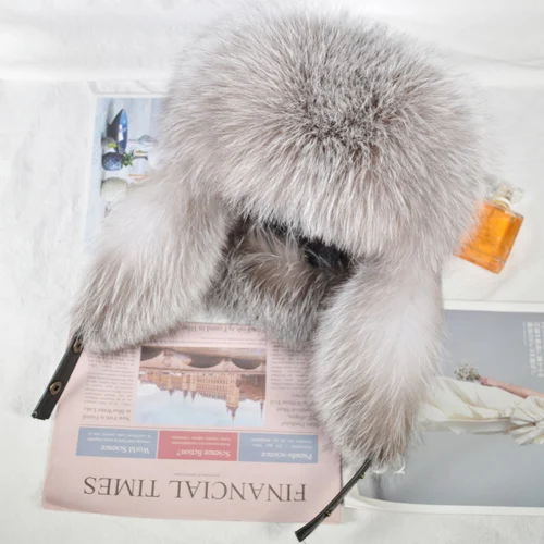 sliver blue Мужская Уличная зимняя шапка из натурального Лисьего меха, шапки-бомберы, теплая мягкая качественная шапка из натурального меха енота, роскошная шапка из натуральной овечьей кожи - Цвет: sliver blue