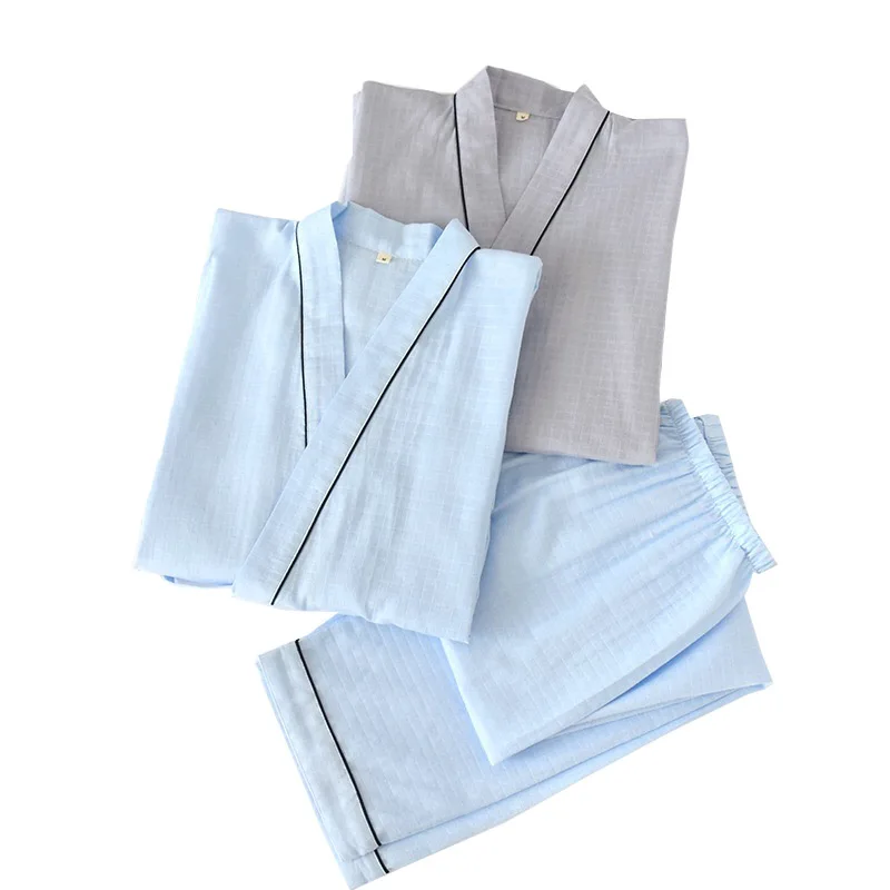 

2020 New Men's Kimono Sleepwear Set Spring And Fall Solid Color Homewaer Gauze Cotton Loose Pajamas Set 2PCS Comfort Casual Wear