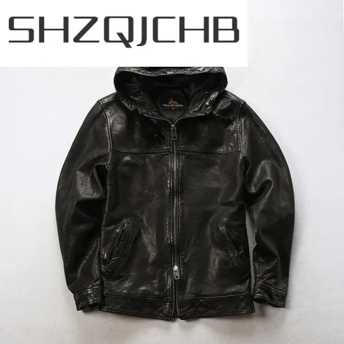 

Мужская кожаная куртка SHZQ, темно-синяя Повседневная куртка из натуральной овечьей шкуры, с капюшоном, весна-осень 2021