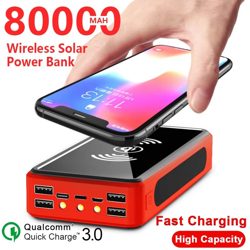 80000mAh беспроводной Солнечный внешний аккумулятор Внешняя батарея повербанк 4USB LED