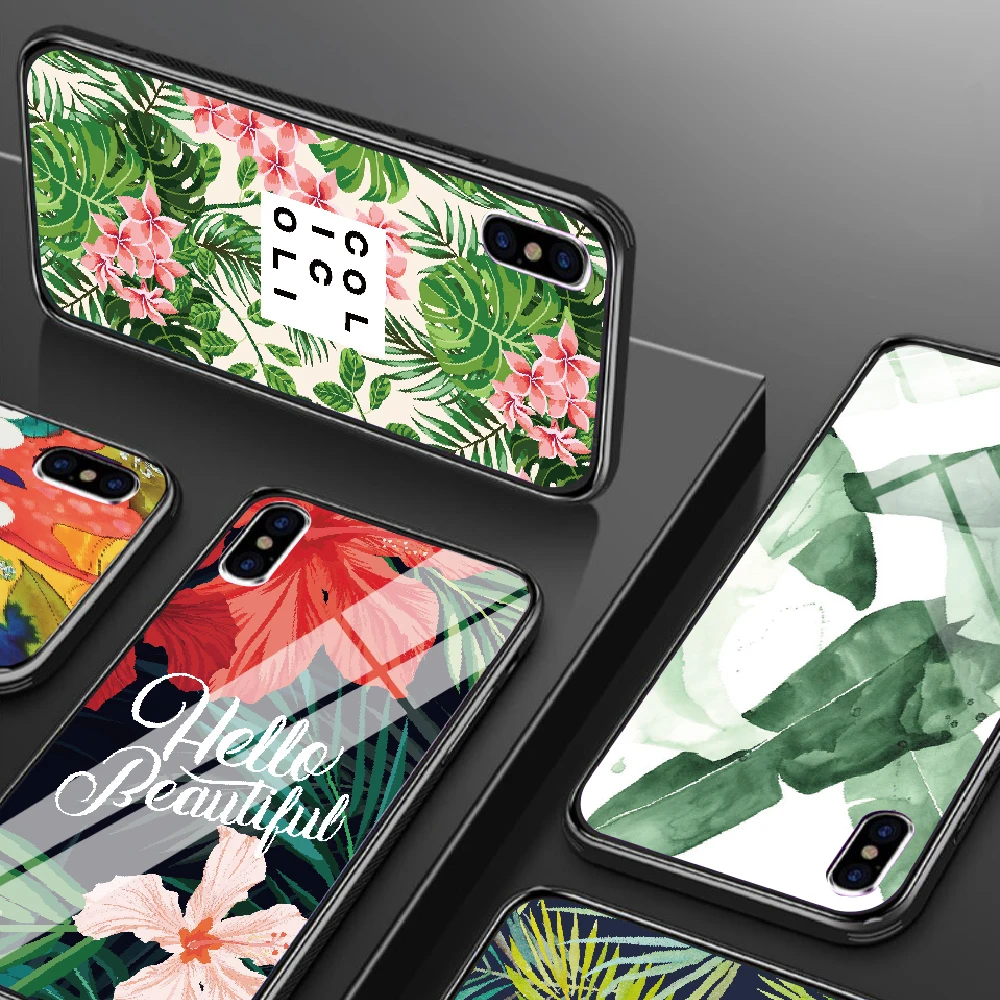 Чехол для телефона с цветочным рисунком для iPhone 7, 8, 6, 6S PLUS, XR, X, XS MAX, задняя крышка из закаленного стекла, чехол для iPhone 5 5S se, глянцевый противоударный чехол