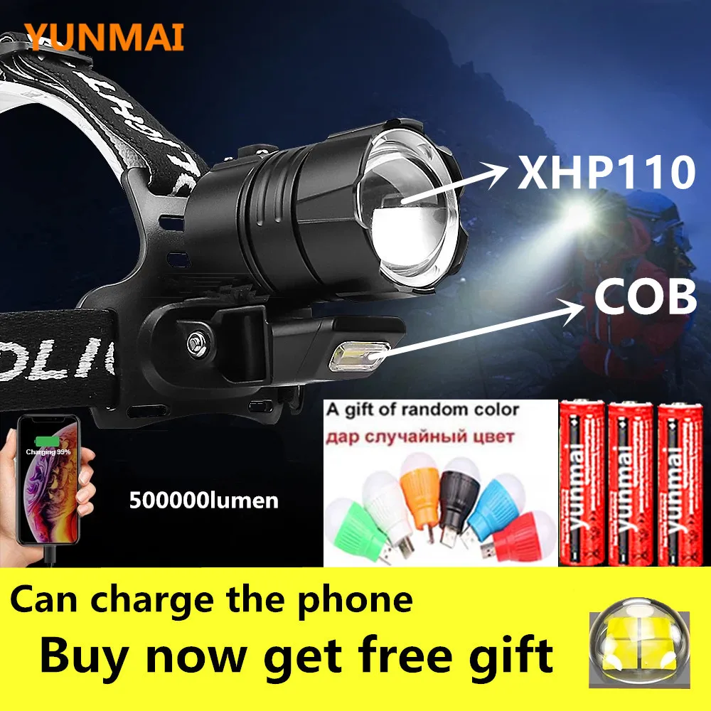 

500000Lm Most Powerful XHP110 headlamp XHP90 led Headlight 18650 Rechargeable USB Head Lamp with cob light XHP70 Head Flashlight