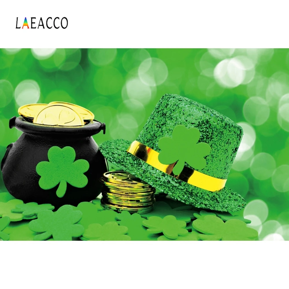 Laeacco День Святого Патрика золотые шампоны шляпа зеленый светильник боке фото фон