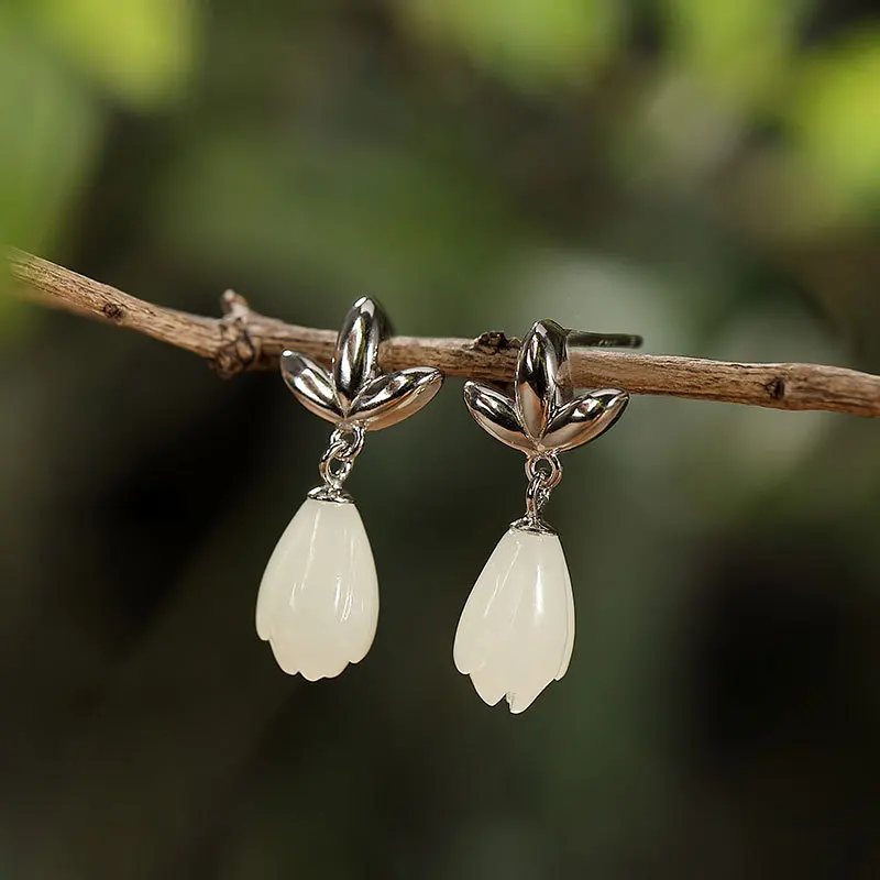 

Natural 925 sterling silver inlaid hetian jade white jade orchid retro earrings jewelry simple individuality for women