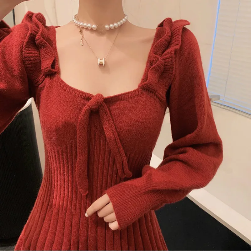 

Women Long Sleeve Dress Knitted Backless Square Collar Tied A-line Slim Red Mini Dresses Students Preppy Style Sweet Elegant New