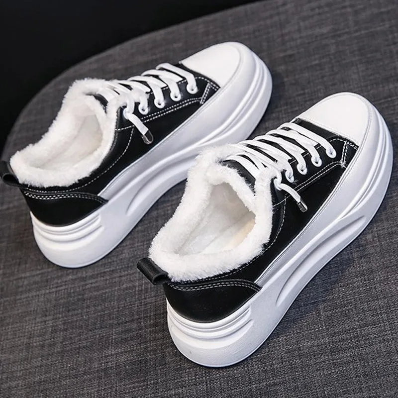 

Comfortable Leisure Ladies Winter Footwear Women Vulcanized Shoes Warm Plush PU Leather Thick Bottom Shallow Female Flat Shoes