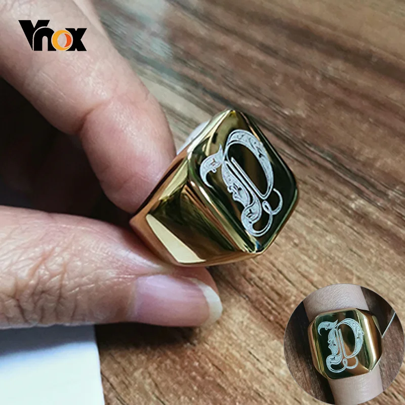 Vnox Heavy A-Z Initial Stamp Ring for Men Gold Color Solid Stainless Steel Signet Ring Chunky Punk Finger Jewelry Customize Gift