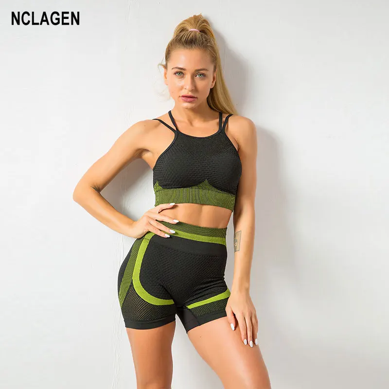Костюм NCLAGEN бесшовный для йоги Женский комплект с бюстгальтером короткий