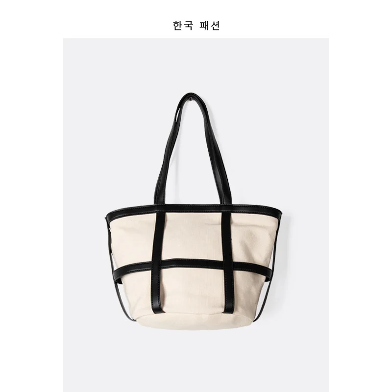 

Classic Retro Bag Female Canvas Splicing Handbag Simple Design Large Capacity One Shoulder Armpit Bag
