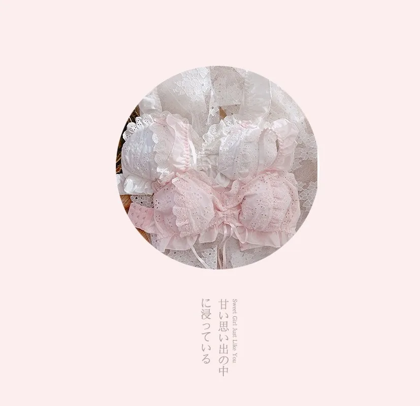 

Japanese Sexy Women's Underwear Kawaii Bra and Panty Set White Pink Push Up Bralette Floral Lingerie Femme Bra & Brief Sets New