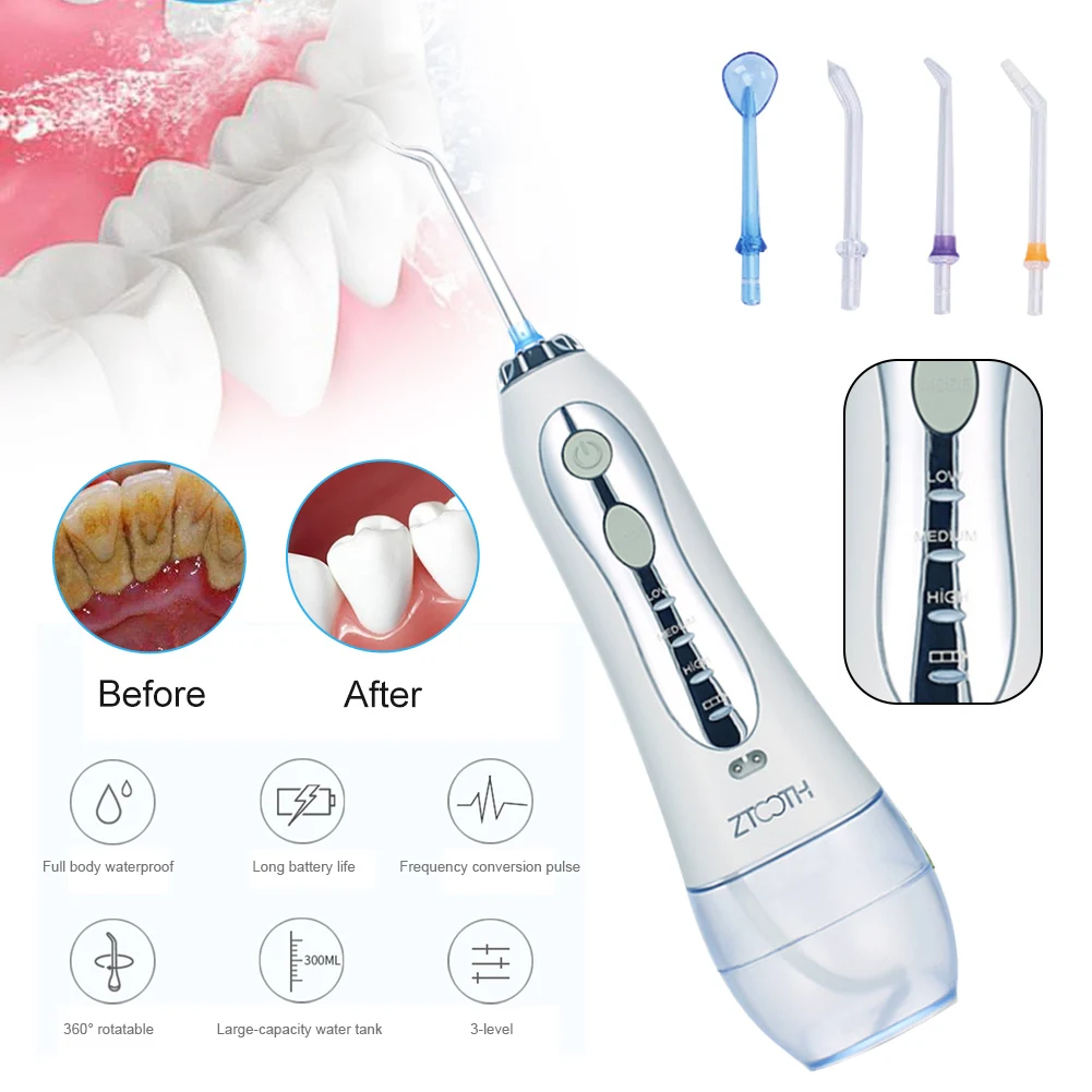 Teeth Flusher Oral Irrigator Rechargeable 3-Level Pressure Cordless Dental Flosser With 5 Interchanging Nozzles