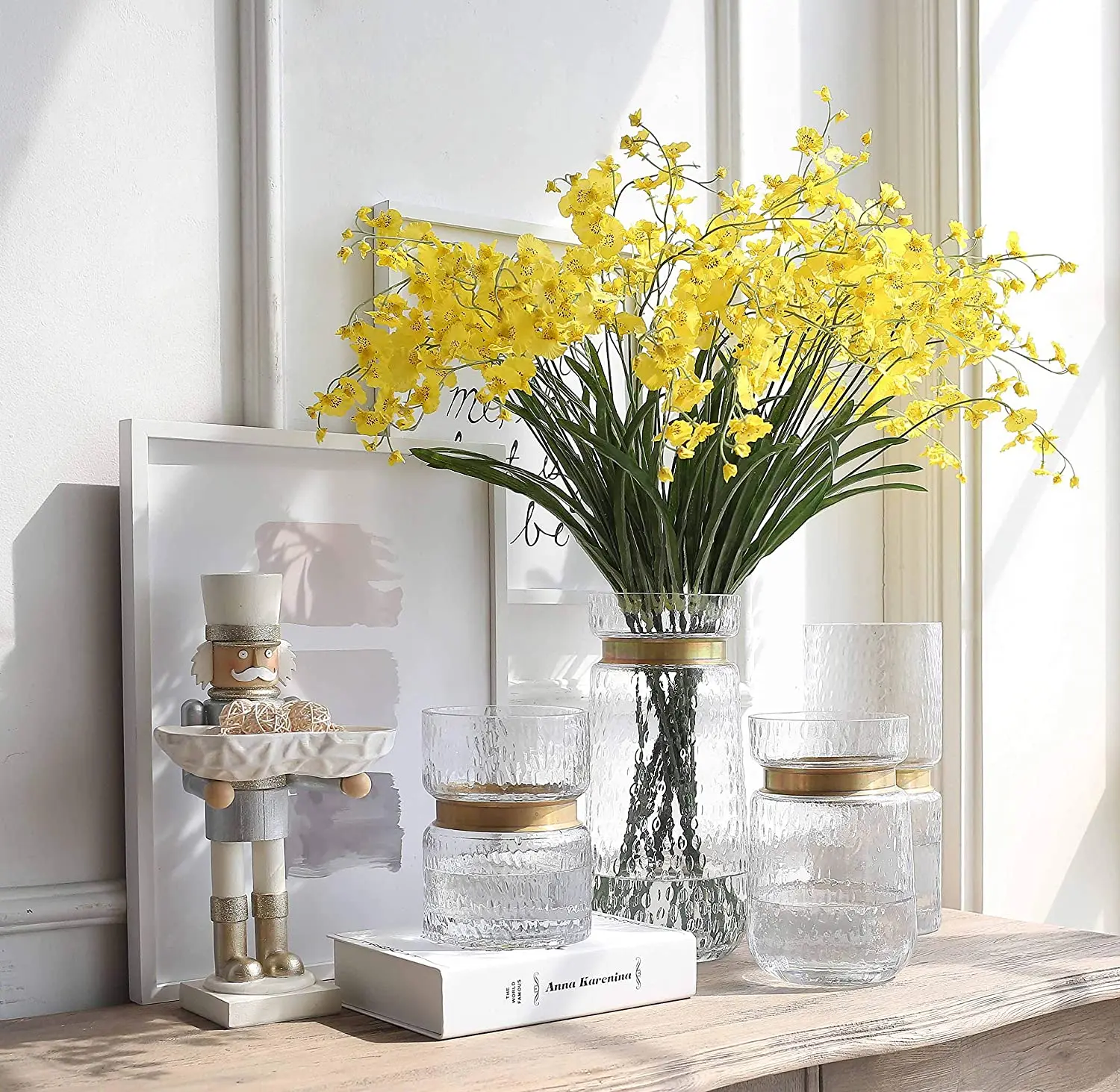 

Home Vases Cylinder Clear Hammered Glass Flower Arrangement Brass Gold Band Decor Dining Table Centerpieces Gifts for Wedding