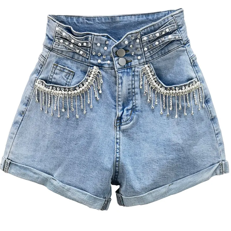 

Diamond-Embedded Denim Shorts Women 2021 Summer New High Waist Elastic Slim Fit Beaded Rhinestone Tassel Hot Pants Blue
