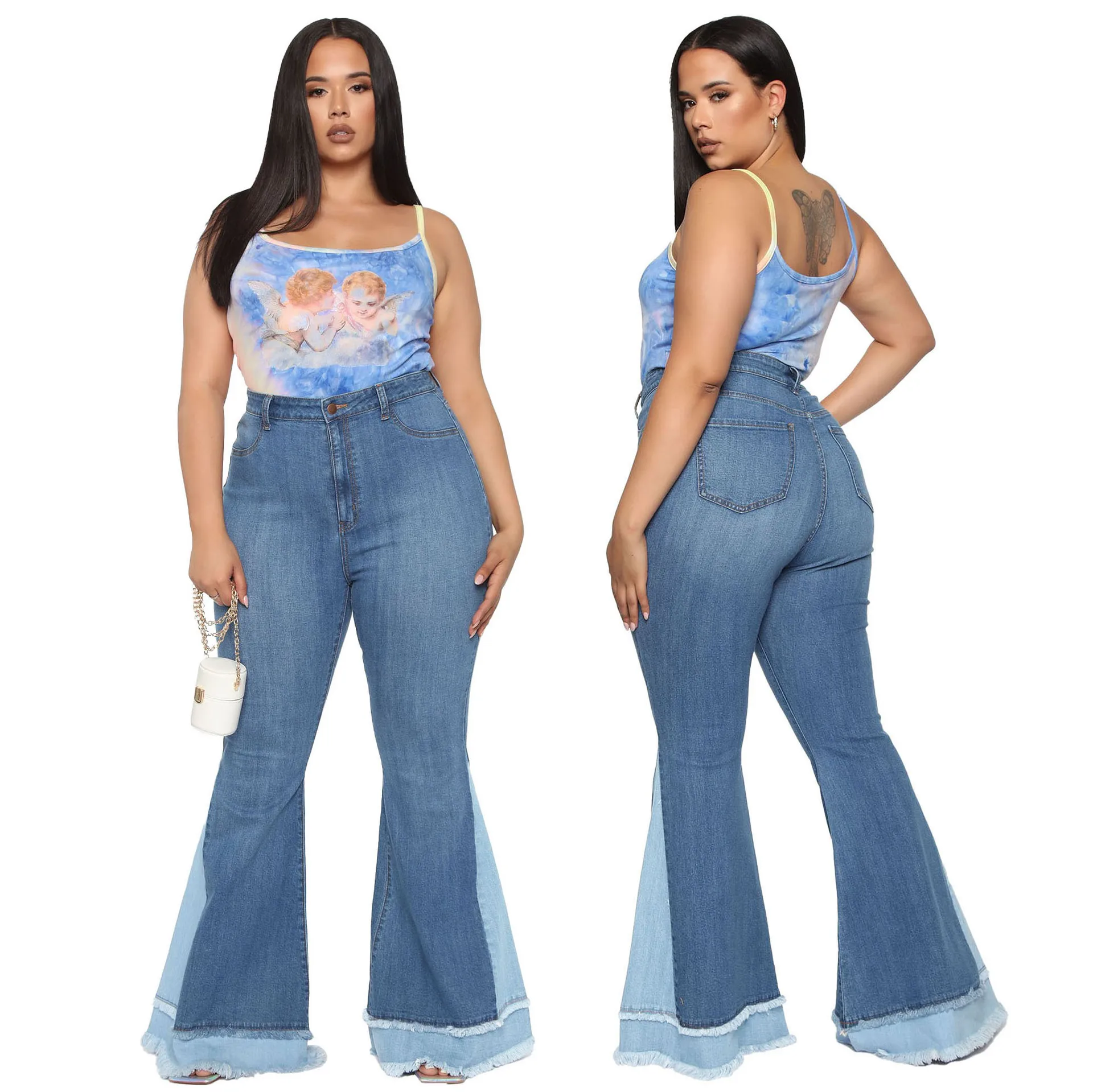 

Размера плюс контраст Цвет, из кусков, Женский Уличная расклешенные джинсы Осенняя Женская юбка с высокой талией узкие джинсовые Расклешенные к низу штаны