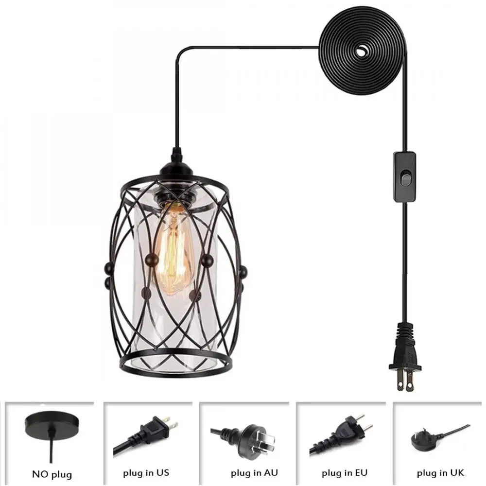 

Подвесной светильник в стиле индастриал, подвесные светильники в черной металлической клетке с прозрачным стеклянным абажуром, винтажный ...