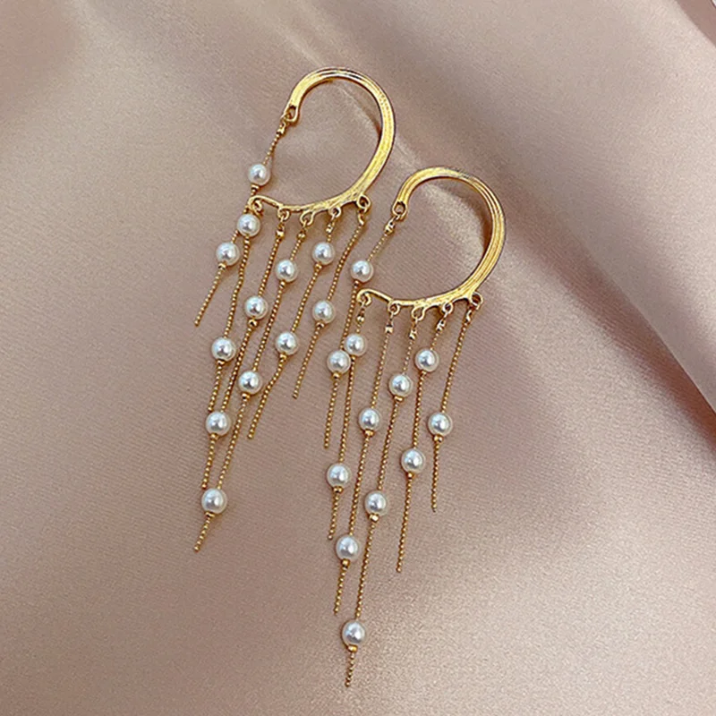 

Trendy Popular 14K Real Gold Plated Pearl Tassel Clip Earrings For Women 2021 Jewelry Temperament Anniversary Party Girl Gift