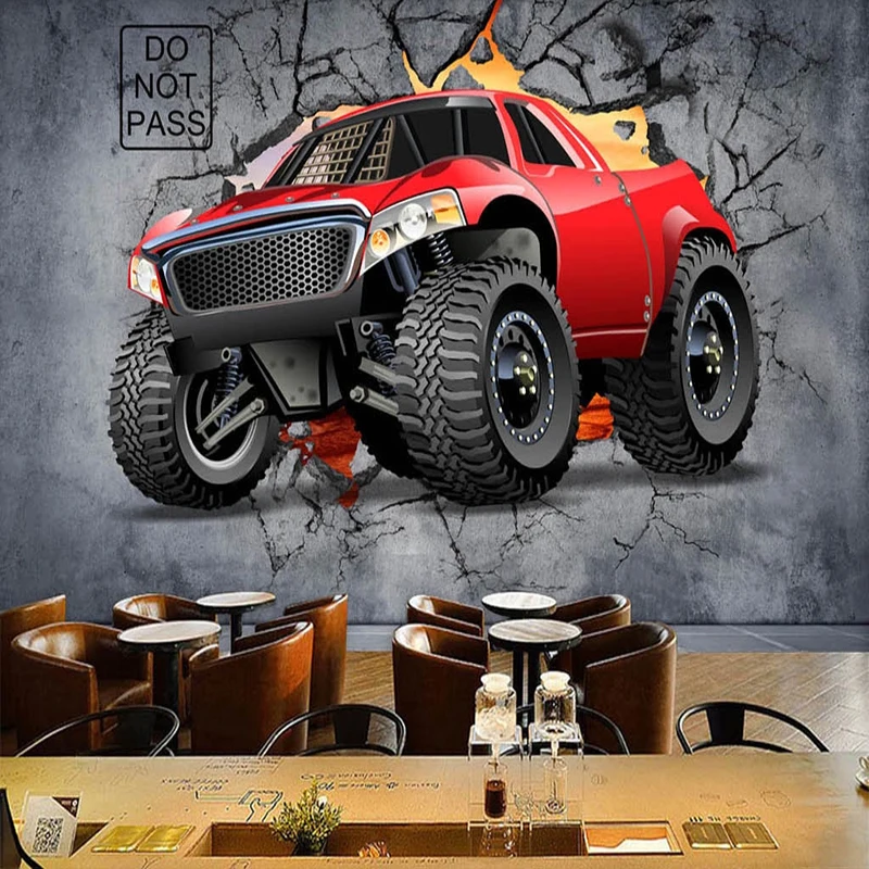 

Drop Shipping Custom Mural Wallpaper 3D Stereo Red Car Broken Wall Bar Coffee Shop Background Wall Sticker Waterproof Poster