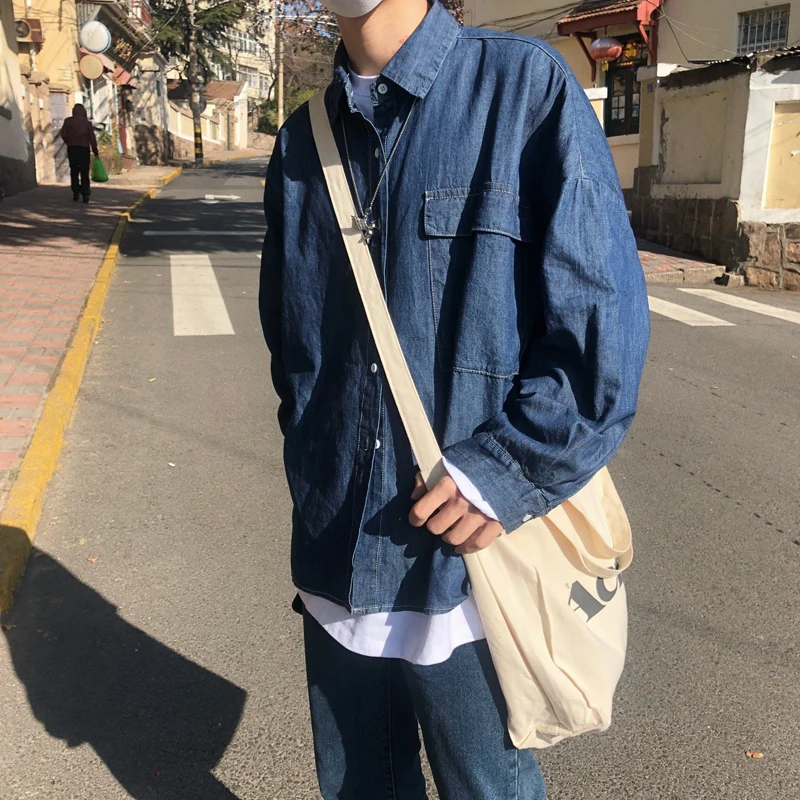 

2020 Spring And Autumn New Youth Popular Solid Color Loose Denim Long Sleeve Shirt Fashion Casual Wild Top Black / Blue M-XL
