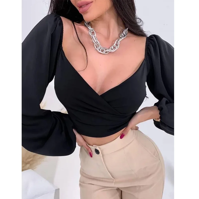 

2021 Fashion New V-neck Short Lantern Sleeve Long Sleeve Base Shirt Top for Women