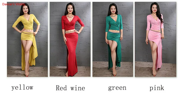 

2018 Autumn Winter Women Long Sleeve Bellydance Costume 2 piece Set Modal Practice Sexy Wear V Neck Top Side Slit Red skirt