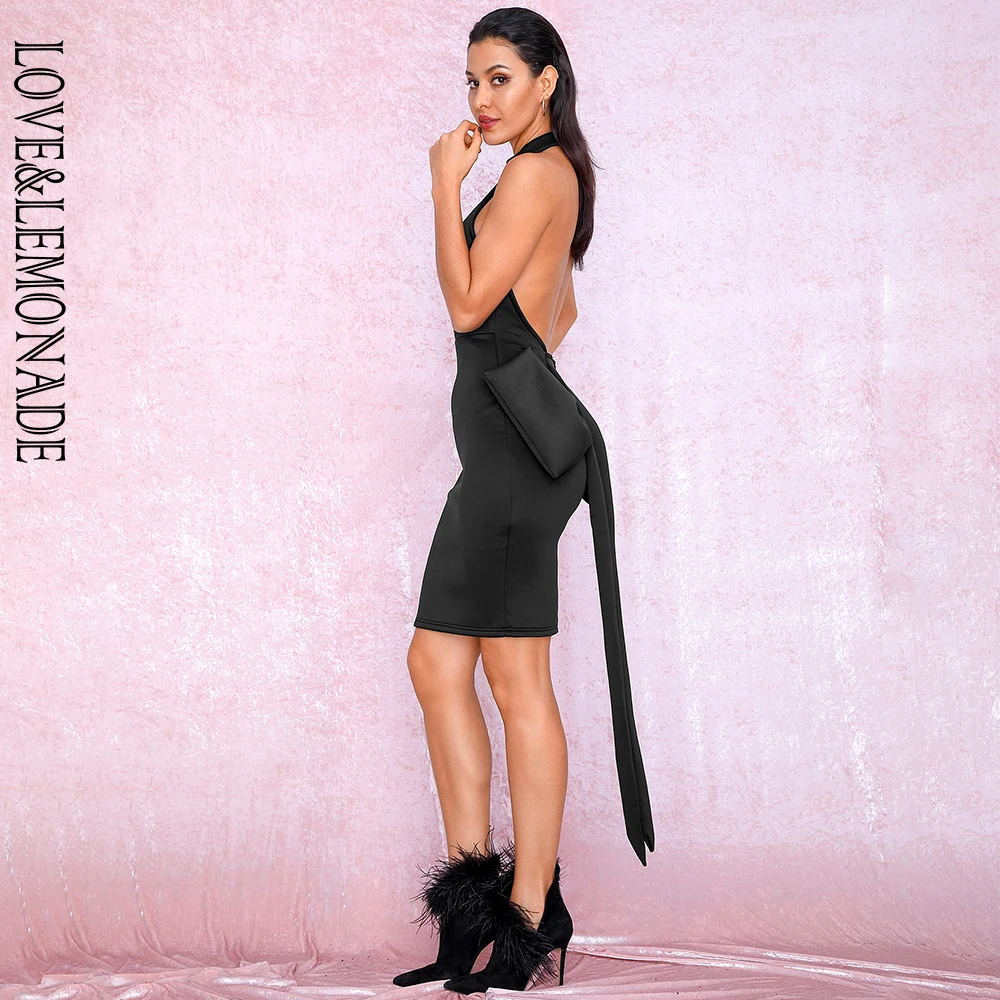 Женское облегающее платье LOVE & LEMONADE черное с воротником стойкой открытой спиной и