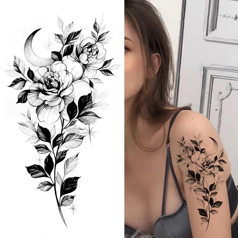 3D Big Rose Peony Flower Girls Temporary Tattoos For Women Waterproof Black Tattoo Stickers Blossom Lady Shoulder Fake Tatoos