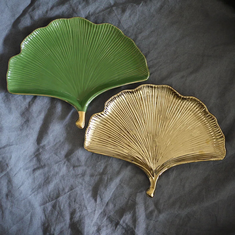 

Nordic creative gold gingko leaf ceramic plate Dinnerware Snack Salad plate jewelry tray home decoration storage tray Tableware